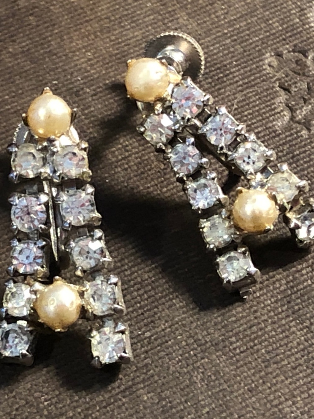 VTG Antique 30s Faux Pearl Clear Rhinestone Art Deco Screw Back Earrings~Wedding